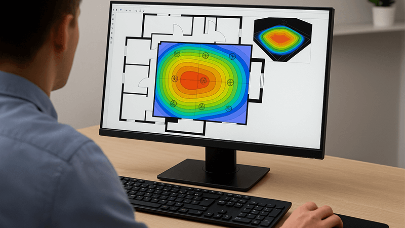 A DIALux lighting design plan for a sports field on a computer screen