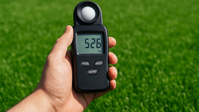 A person holding a light meter measuring lux levels on a green grass sports field