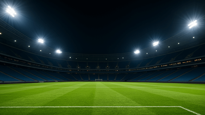 A wide-angle view of a professional football stadium brightly lit by LED floodlights for a night game