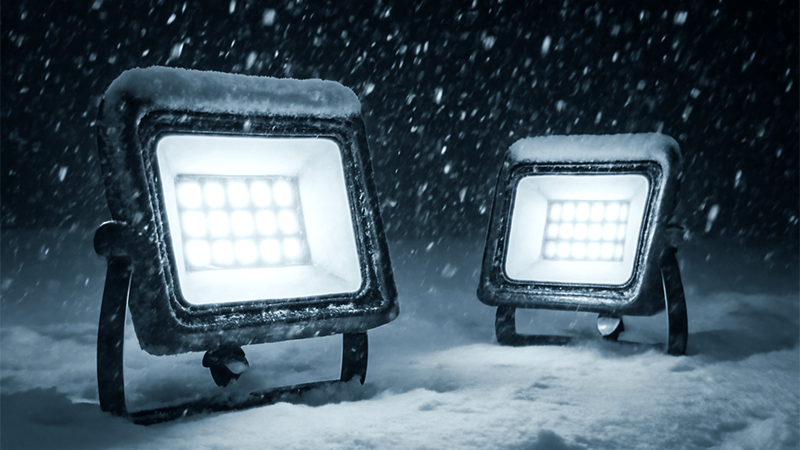 LED floodlights performing well in a snowy environment