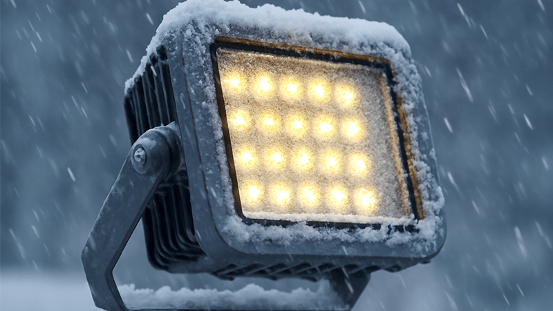 Close-up of a durable LED floodlight in snow