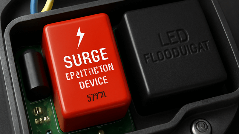 A close-up of a surge protection device inside an LED floodlight driver