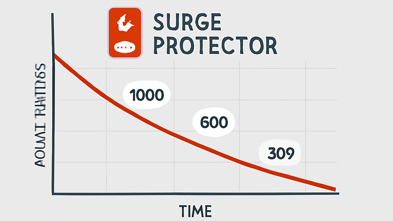 An infographic showing a surge protector's joule rating decreasing over time