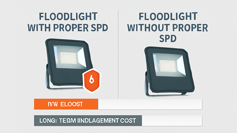 A graphic comparing the initial cost vs. long-term replacement cost of floodlights with and without proper SPD