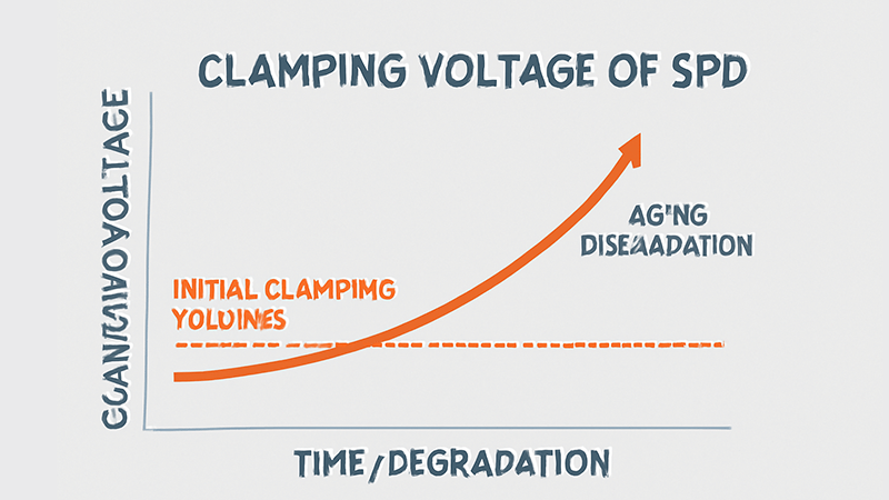 A graph showing the clamping voltage of an SPD increasing as it ages and degrades