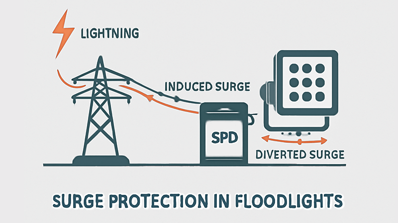 Diagram showing lightning hitting a power line far away, and an induced surge traveling to a floodlight where the SPD diverts it