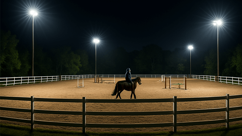 Horse arena at night with bright LED lighting