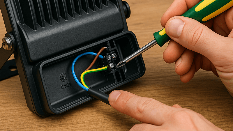 Close-up of wiring an LED floodlight with an earth wire