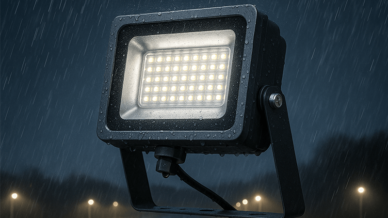 Outdoor-rated LED floodlight in rainy weather