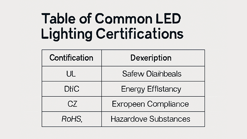 Table of common LED lighting certifications