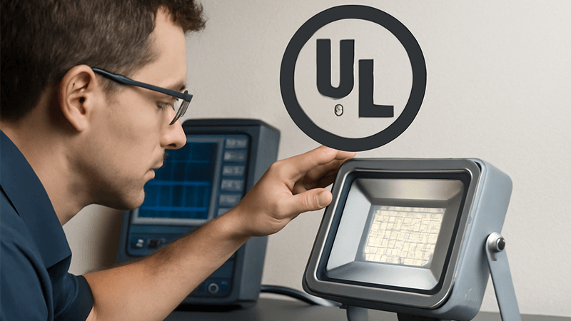 Technician testing an LED light in a lab for UL certification