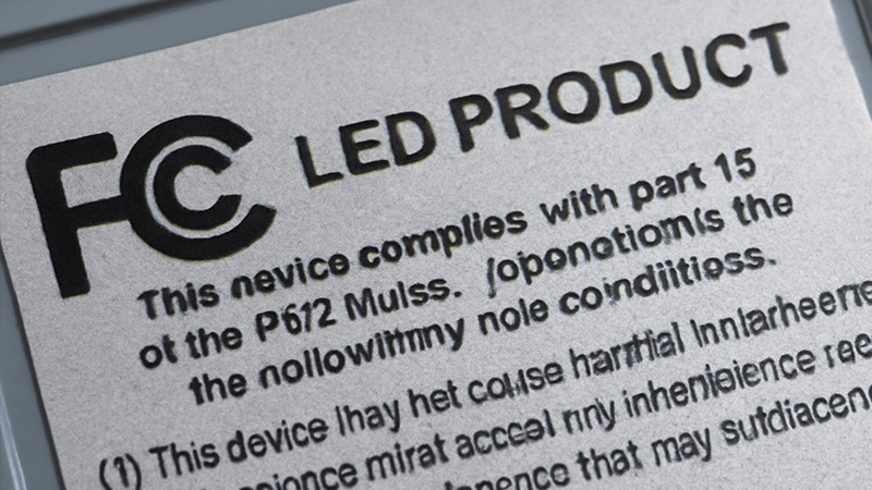 FCC logo and warning statement on an LED product label