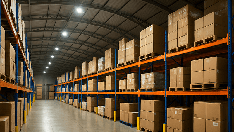 A well-lit warehouse using LED floodlights for optimal brightness
