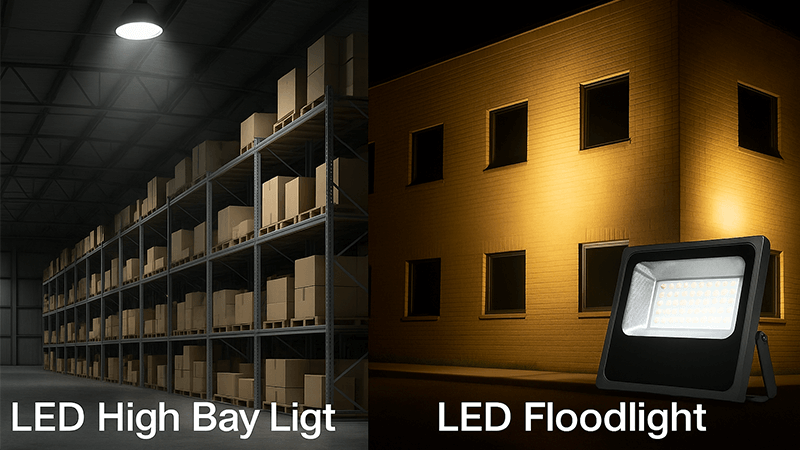 Comparison showing the versatility of LED high bay lights and LED floodlights for warehouses