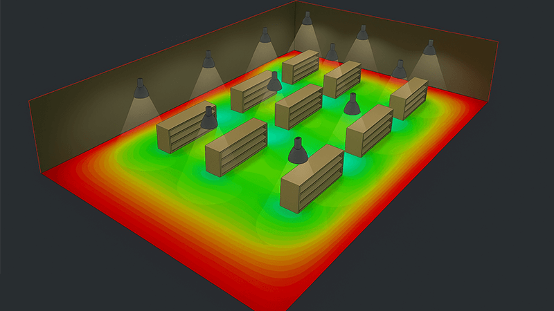 A professional DIALux simulation demonstrating precise lighting calculation for a warehouse layout