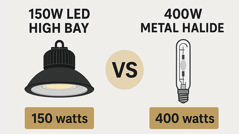 An infographic comparing the wattage and energy savings of an LED floodlight versus a traditional metal halide lamp