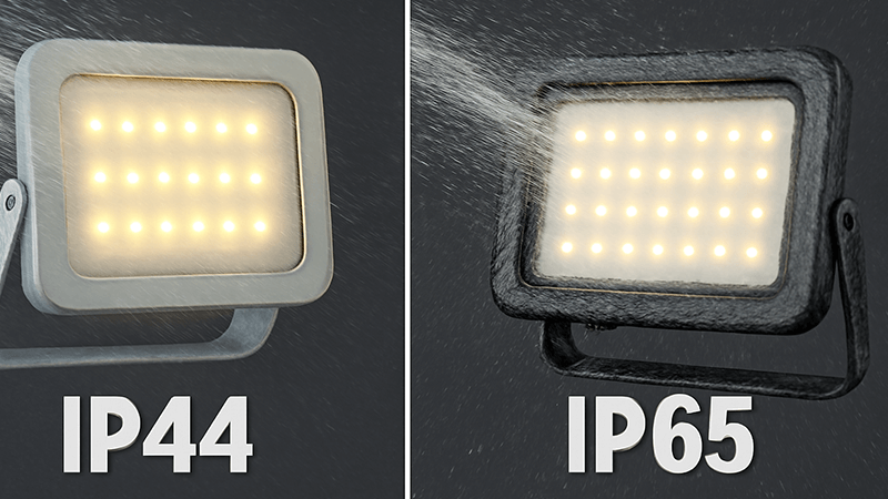 Side-by-side comparison of an IP44 light and an IP65 light under a spray of water