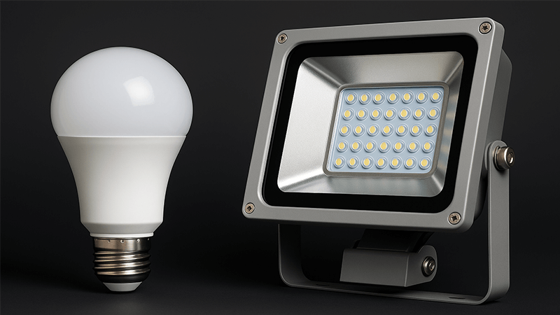 Difference Between LED Light and LED Flood Light comparison between a standard led bulb and a powerful led flood light