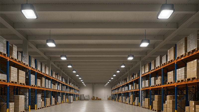 LED floodlights illuminating a large warehouse interior