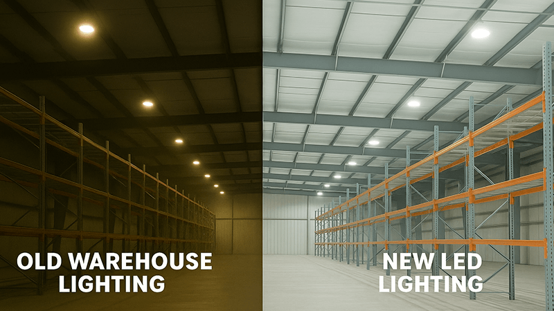Comparison of old warehouse lighting and new LED lighting