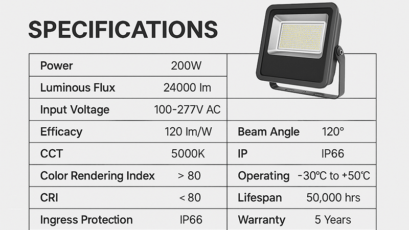 A detailed spec sheet for an LED floodlight
