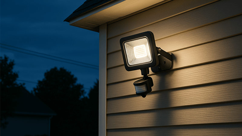 A motion-sensing LED floodlight mounted on the corner of a house at dusk.