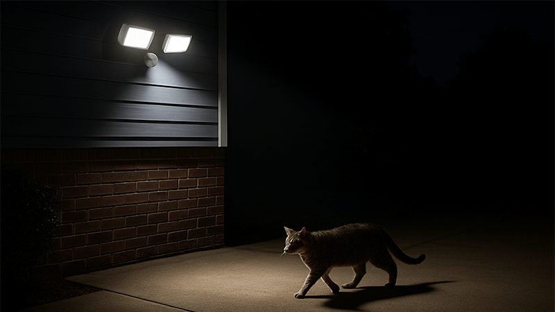 A cat walking across a driveway at night, triggering a motion sensor light.