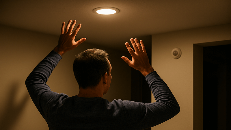 A person waving their arms to try and keep an automatic light from turning off.