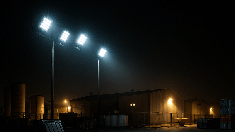 Emergency LED Floodlight Safety LED Floodlights illuminating an industrial area during an emergency