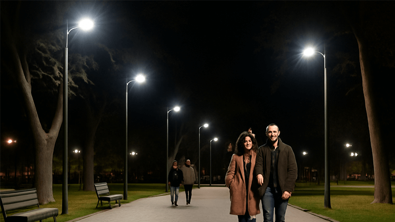 Crime Prevention Through Lighting A secure, well-lit public space at night showing people feeling safe