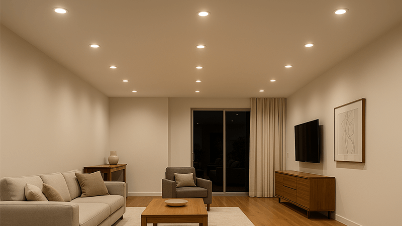 A modern living room with recessed downlights in the ceiling