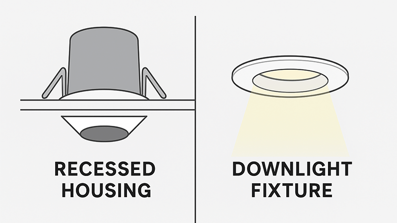Diagram showing the difference between a recessed housing and a downlight fixture
