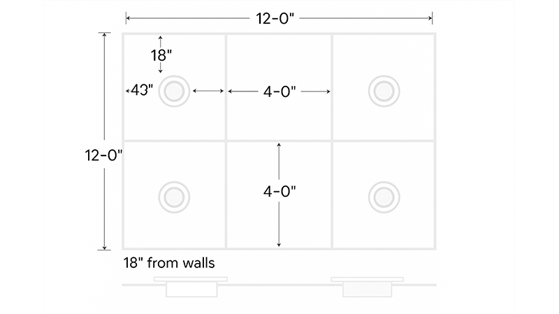 A ceiling grid showing the correct spacing for recessed lighting