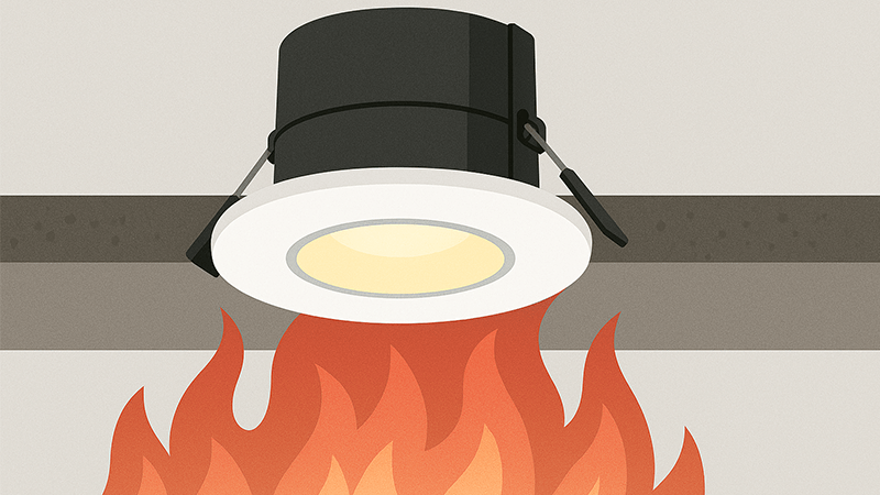 How Fire-Rated Downlights Work A cross-section diagram showing a fire-rated downlight sealing a ceiling