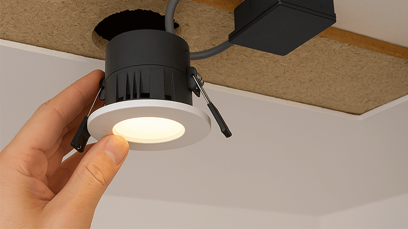 Non-Fire Rated Downlight Installation A non-fire rated downlight being installed in a top-floor ceiling