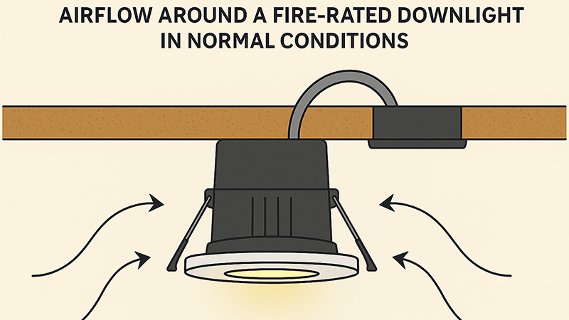 Ventilation for Fire-Rated Downlights Diagram showing airflow around a fire-rated downlight in normal conditions