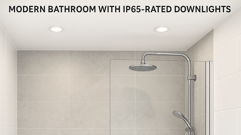 IP65 Bathroom Lighting Safety A modern bathroom with IP65-rated downlights installed in the shower area