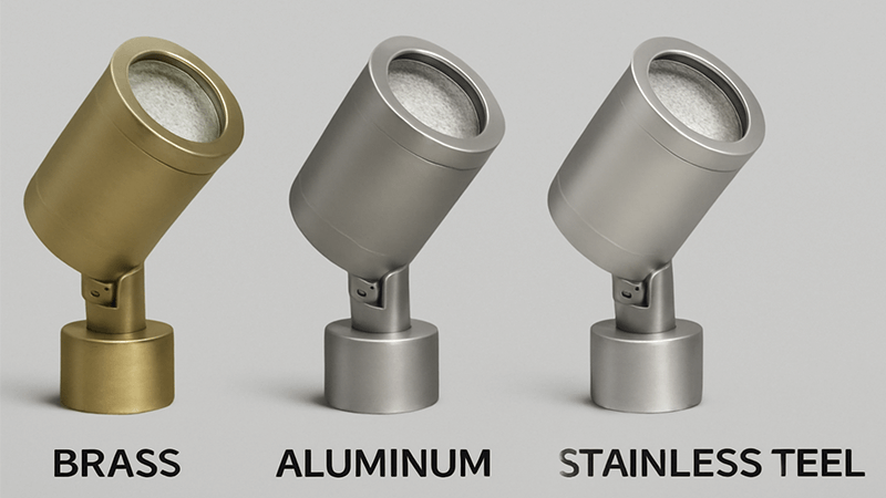 Best Materials for Outdoor Lighting A side-by-side comparison of outdoor lights made from brass, aluminum, and stainless steel