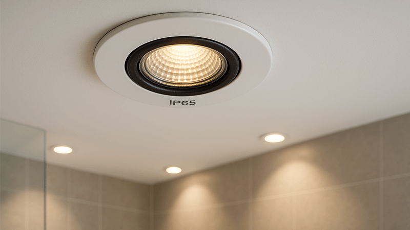 a close up of an IP65 rated downlight installed in a bathroom ceiling