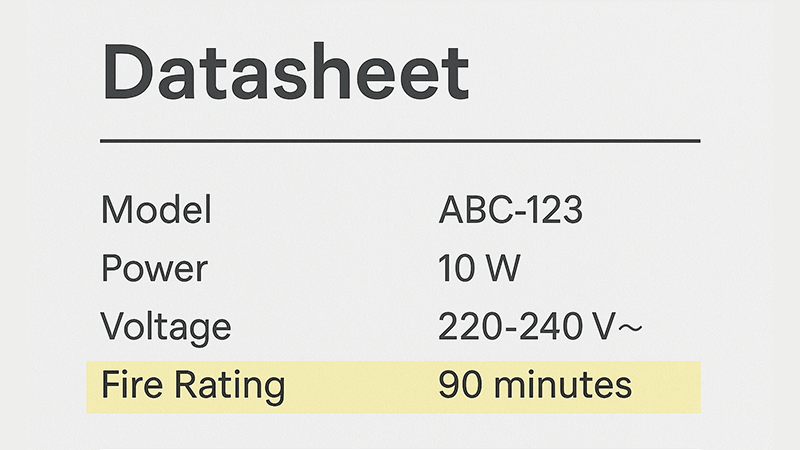 a product datasheet with the fire rating section highlighted