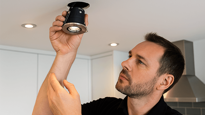 an electrician safely installing an IP65 downlight in a modern kitchen