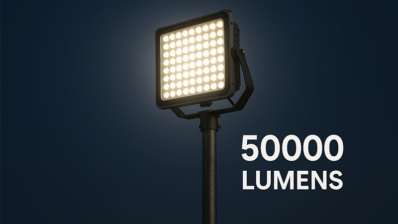 A single 50000 lumen LED floodlight mounted on a high pole