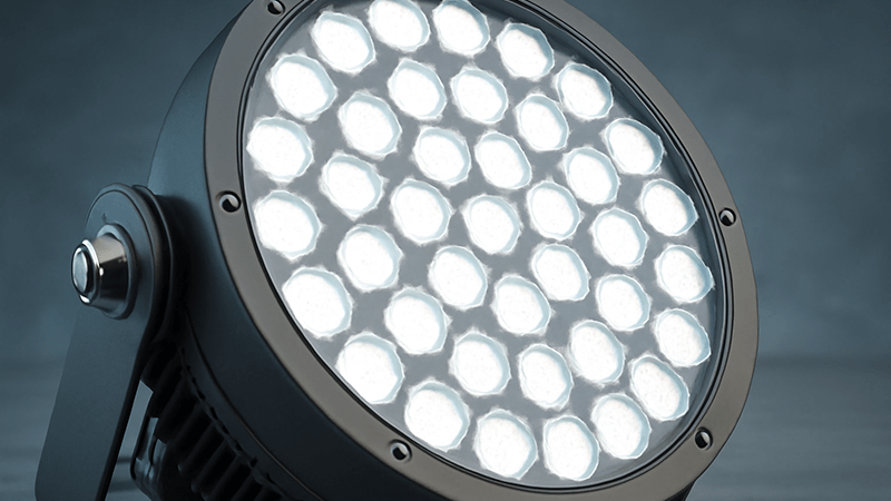 Lumens and Lux in Stadium Lighting A close-up of a powerful LED stadium light fixture