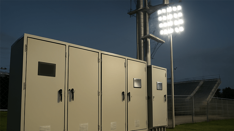Powering Stadium Lights Efficiently Electrical infrastructure for a stadium with control panels