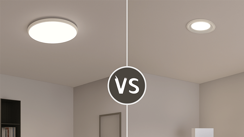 Ceiling light and a recessed downlight in a modern room