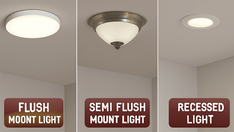 Three different types of ceiling lights showcased