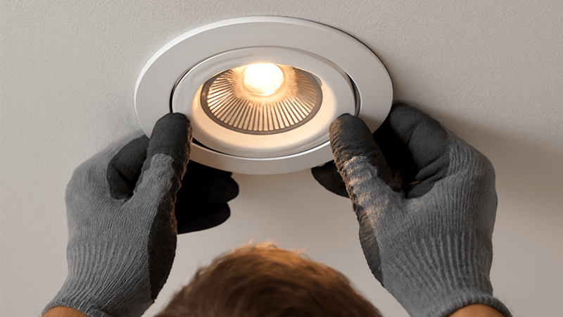 Electrician installing a recessed downlight into a ceiling