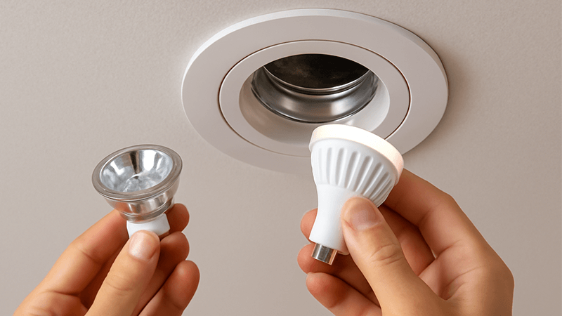 Person replacing a halogen bulb with an LED retrofit bulb in a downlight