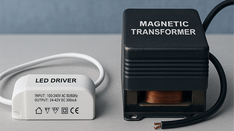 An LED driver next to a traditional magnetic transformer, showing the size and technology difference.