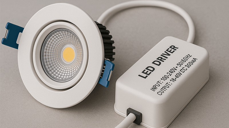 Close-up of an LED downlight with its separate LED driver, ready for installation.